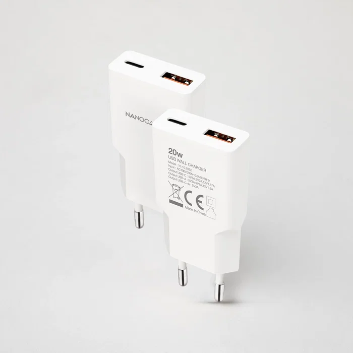 Nanocable Cargador de Pared 20W con USB-C PD y USB-A QC, Blanco Nanocable Cargador de Pared 20W con USB-C PD y USB-A QC, Blanco