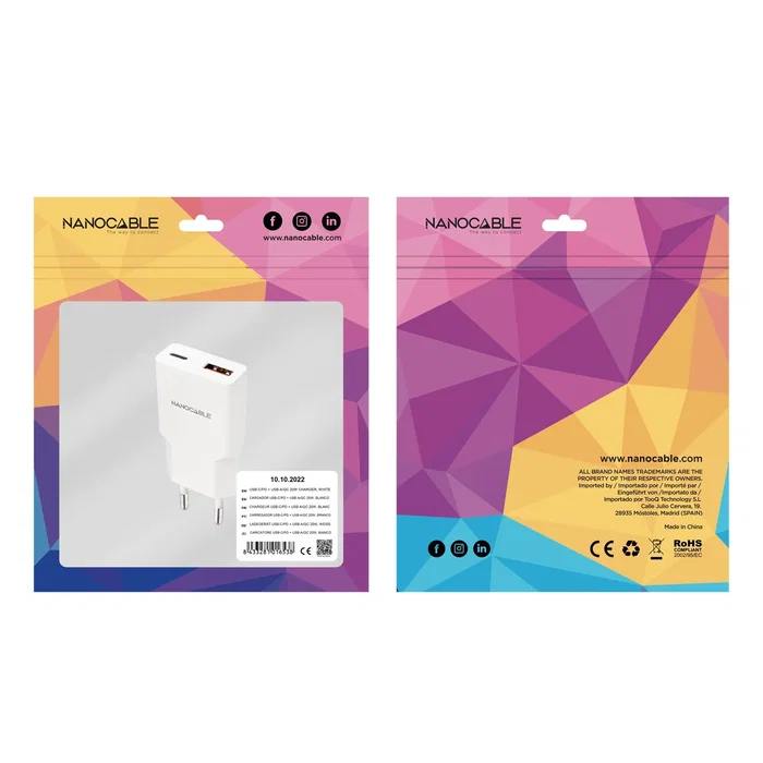 Nanocable Cargador de Pared 20W con USB-C PD y USB-A QC, Blanco Nanocable Cargador de Pared 20W con USB-C PD y USB-A QC, Blanco