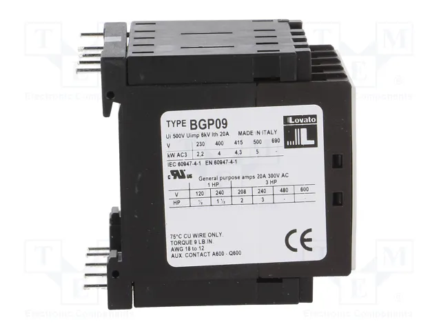 LOVATO ELECTRIC Contactor BG 3-polar 9A 24VAC NC LOVATO ELECTRIC Contactor BG 3-polar 9A 24VAC NC