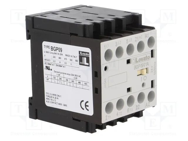 LOVATO ELECTRIC Contactor BG 3-polar 9A 24VAC NC LOVATO ELECTRIC Contactor BG 3-polar 9A 24VAC NC