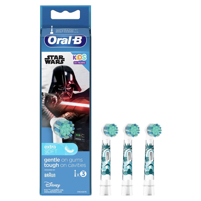 Oral-B 80352667 Cepillos de Dientes Infantiles Star Wars 3 Unidades, Azul y Blanco, Para Niños +3 Años, Cabeza de Recambio