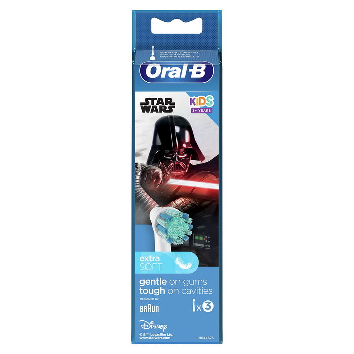Oral-B 80352667 Cepillos de Dientes Infantiles Star Wars 3 Unidades, Azul y Blanco, Para Niños +3 Años, Cabeza de Recambio