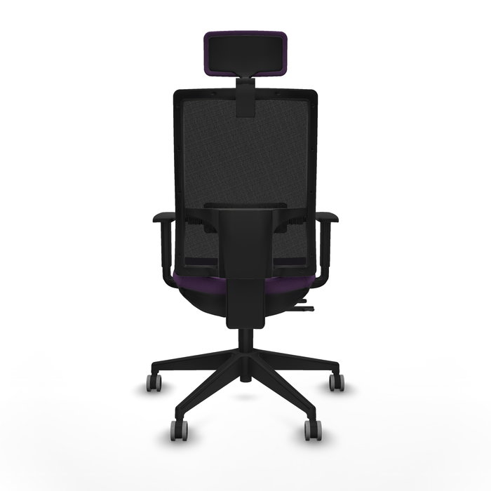 Silla de oficina Horna con mecanismo Sincro/Traslack tapizada con Tela color Morado y malla color Negro. Equipada con lumbar 1D, Brazos 1D, Cabecero 2D y Ruedas 65 mm parqué