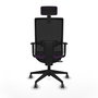 Silla de oficina Horna con mecanismo Sincro/Traslack tapizada con Tela color Morado y malla color Negro. Equipada con lumbar 1D, Brazos 1D, Cabecero 2D y Ruedas 65 mm parqué