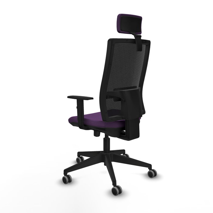 Silla de oficina Horna con mecanismo Sincro/Traslack tapizada con Tela color Morado y malla color Negro. Equipada con lumbar 1D, Brazos 1D, Cabecero 2D y Ruedas 65 mm parqué
