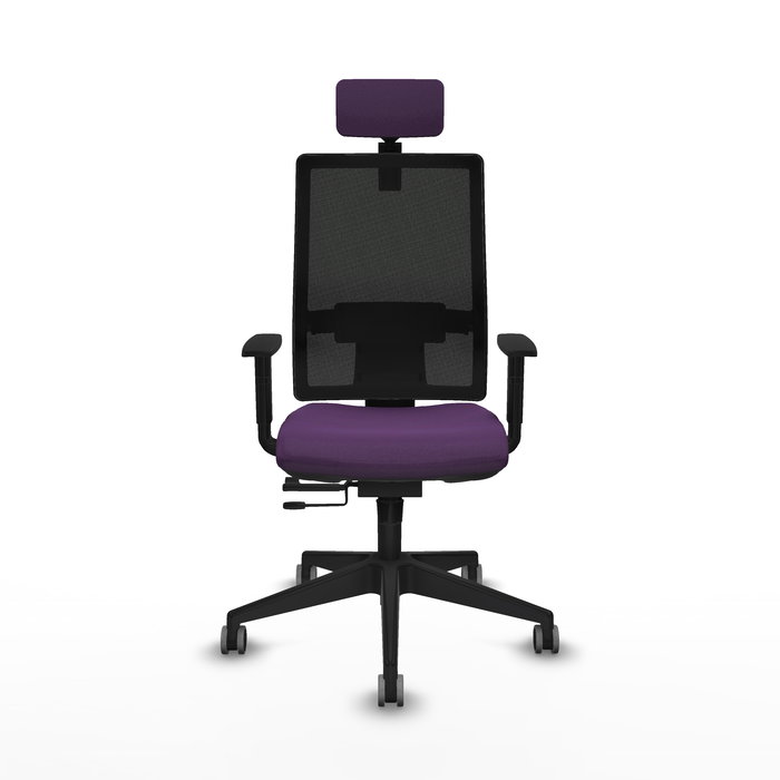 Silla de oficina Horna con mecanismo Sincro/Traslack tapizada con Tela color Morado y malla color Negro. Equipada con lumbar 1D, Brazos 1D, Cabecero 2D y Ruedas 65 mm parqué