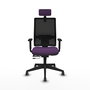 Silla de oficina Horna con mecanismo Sincro/Traslack tapizada con Tela color Morado y malla color Negro. Equipada con lumbar 1D, Brazos 1D, Cabecero 2D y Ruedas 65 mm parqué