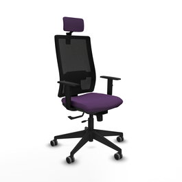 Silla de oficina Horna con mecanismo Sincro/Traslack tapizada con Tela color Morado y malla color Negro. Equipada con lumbar 1D, Brazos 1D, Cabecero 2D y Ruedas 65 mm parqué