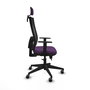 Silla de oficina Horna con mecanismo Sincro/Traslack tapizada con Tela color Morado y malla color Negro. Equipada con lumbar 1D, Brazos 1D, Cabecero 2D y Ruedas 65 mm parqué