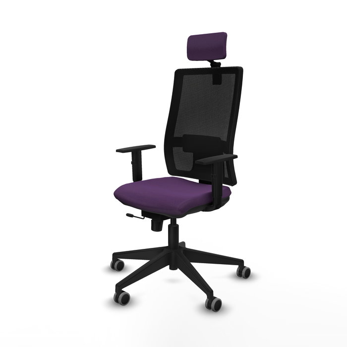 Silla de oficina Horna con mecanismo Sincro/Traslack tapizada con Tela color Morado y malla color Negro. Equipada con lumbar 1D, Brazos 1D, Cabecero 2D y Ruedas 65 mm parqué