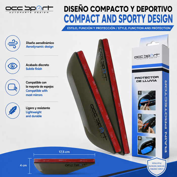Occ Sport OCCDEC020 Protector de lluvia para espejo retrovisor lateral ahumado, pack de 2 piezas de PVC con adhesivo, instalación sin herramientas, 170 x 50 x 10 mm
