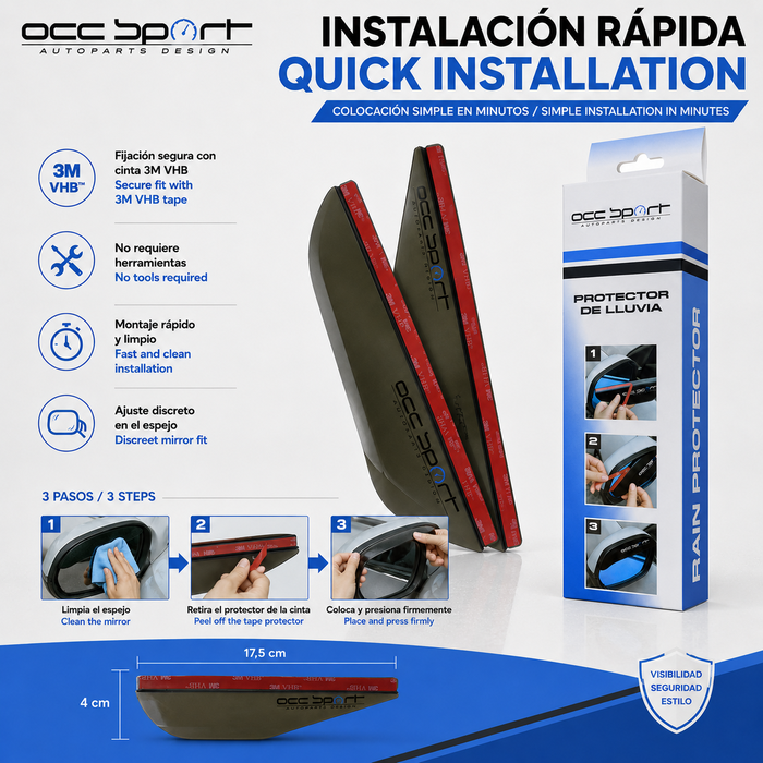 Occ Sport OCCDEC020 Protector de lluvia para espejo retrovisor lateral ahumado, pack de 2 piezas de PVC con adhesivo, instalación sin herramientas, 170 x 50 x 10 mm