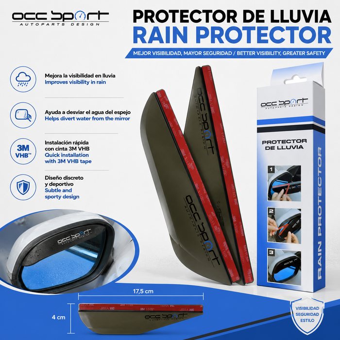 Occ Sport OCCDEC020 Protector de lluvia para espejo retrovisor lateral ahumado, pack de 2 piezas de PVC con adhesivo, instalación sin herramientas, 170 x 50 x 10 mm