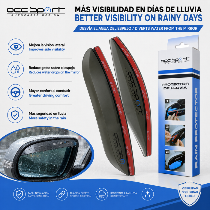 Occ Sport OCCDEC020 Protector de lluvia para espejo retrovisor lateral ahumado, pack de 2 piezas de PVC con adhesivo, instalación sin herramientas, 170 x 50 x 10 mm