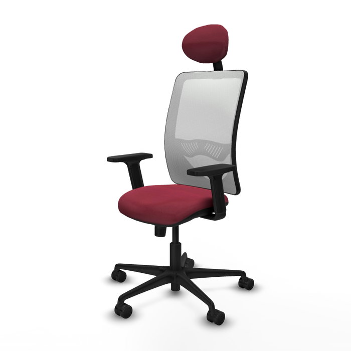 Silla de oficina Zulema con mecanismo Sincro tapizada con Tela color Granate y malla color Blanco. Equipada con lumbar 1D, Brazos 2D, Cabecero Fijo y Ruedas 65mm nailon