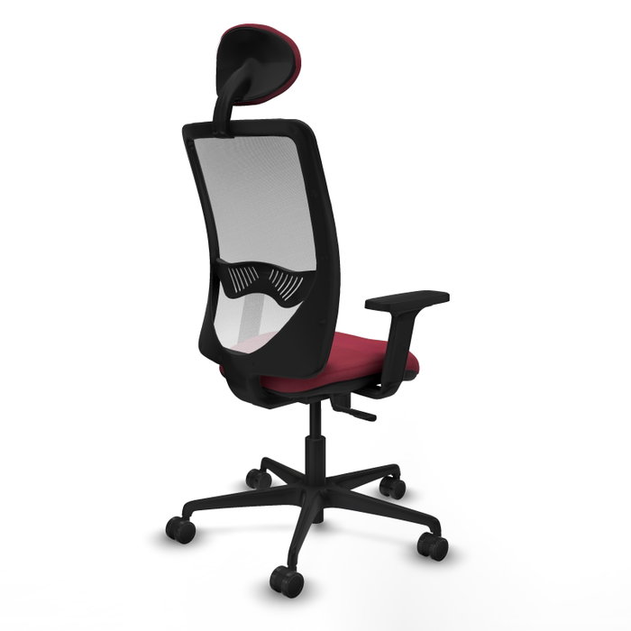 Silla de oficina Zulema con mecanismo Sincro tapizada con Tela color Granate y malla color Blanco. Equipada con lumbar 1D, Brazos 2D, Cabecero Fijo y Ruedas 65mm nailon