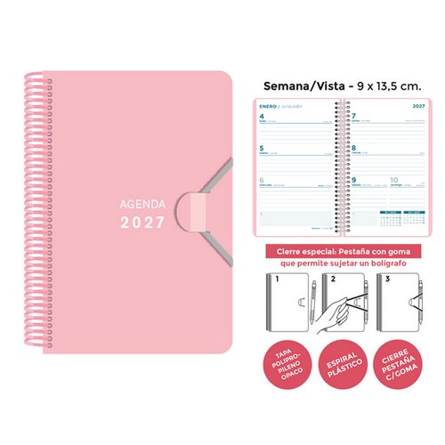 Senfort Agenda Anual 2027 Mini Espiral Rosa Pastel Senfort Agenda Anual 2027 Mini Espiral Rosa Pastel