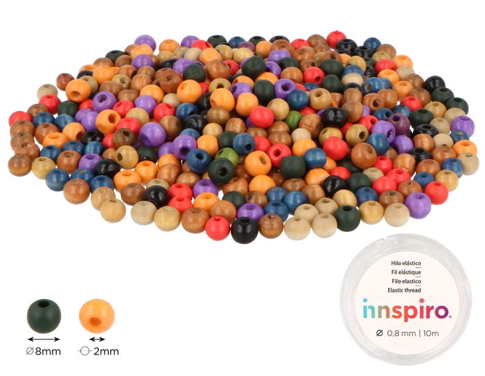 Innspiro Bote de 1000 bolas de madera 8mm colores surtidos con 10m hilo elástico Innspiro Bote de 1000 bolas de madera 8mm colores surtidos con 10m hilo elástico