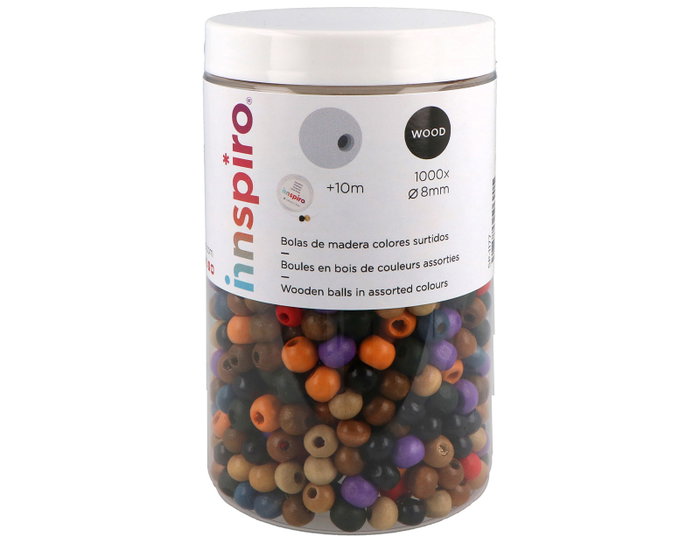 Innspiro Bote de 1000 bolas de madera 8mm colores surtidos con 10m hilo elástico Innspiro Bote de 1000 bolas de madera 8mm colores surtidos con 10m hilo elástico