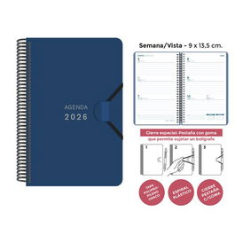 Agenda Anual (2026) Senfort Mini Espiral Tapa Pp Con Goma 90X135 S/V Azul Oscuro
