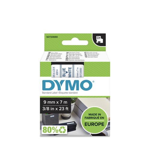 Dymo Cinta D1 Azul sobre Blanco 9mm x 7m