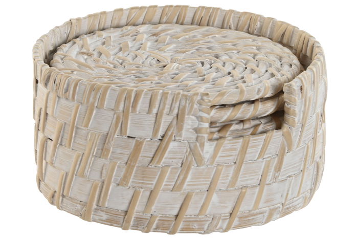 DKD Home Decor Posavasos Balines Blanco Natural Bambu Ratan Set 6 Piezas 12 x 12 x 6 cm