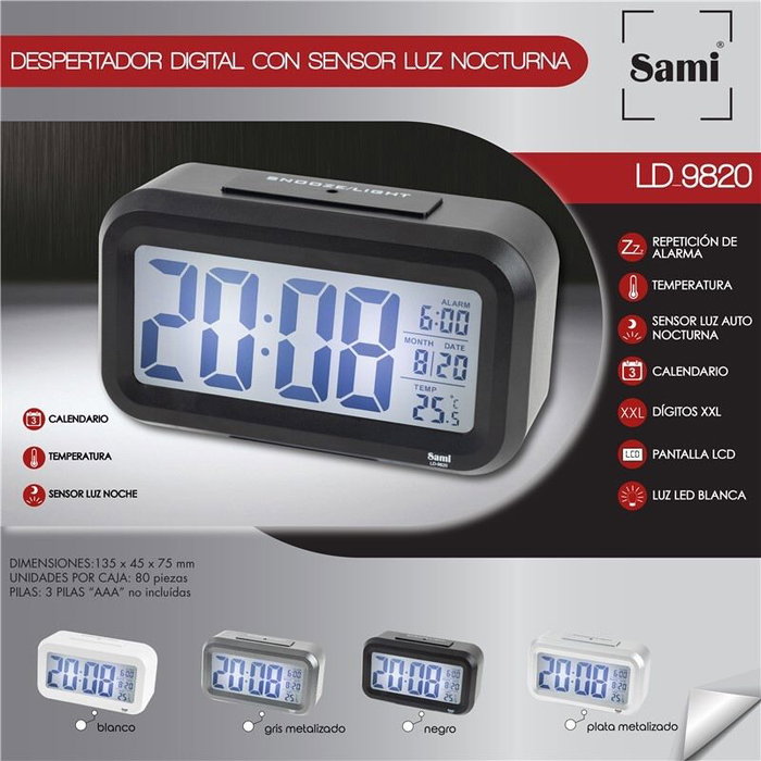 SAMI Despertador Digital LCD XL con Sensor de Luz Nocturna - Plata, Referencia: SAMI LCD digit XL