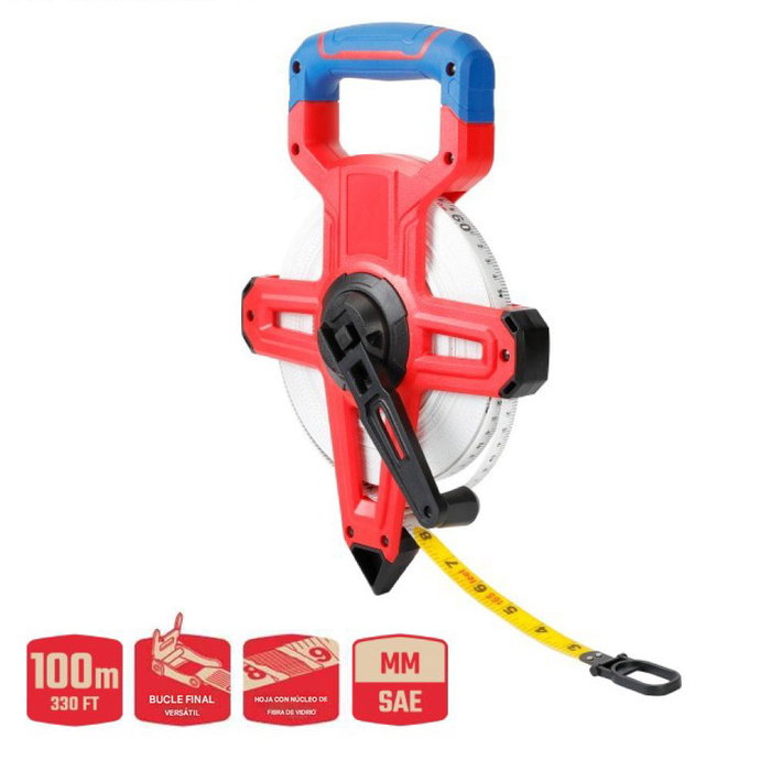 Workpro Cinta Métrica Abierta de Fibra de Vidrio 100 m con Mango Ergonómico y Manivela Compacta
