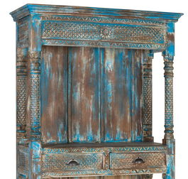 Giner y Colomer Estantería de Madera de Mango 180 cm, Color Azul Envejecido, Estilo Exótico con Tallado Artesanal