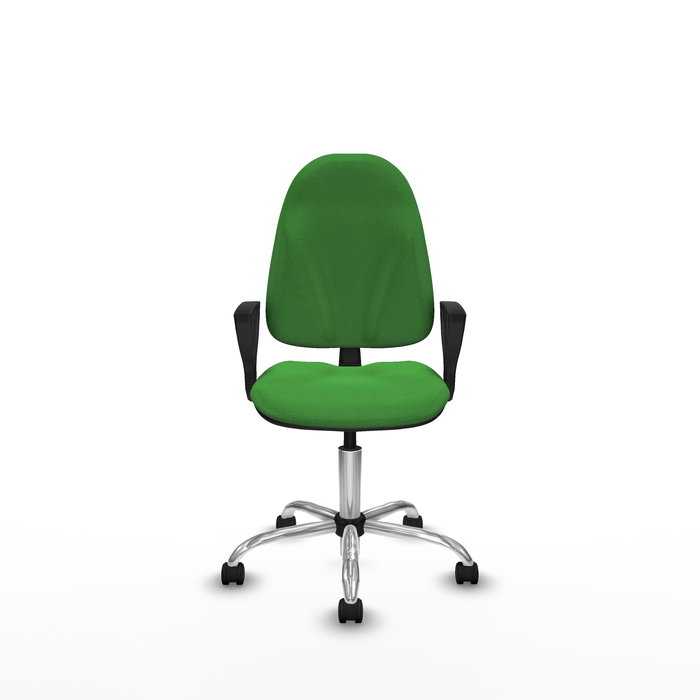 Silla de oficina Algarra con mecanismo Contacto permanente básico tapizada con Tela color Verde. Equipada con Base cromada, Brazos fijos y Ruedas de nailon 50 mm