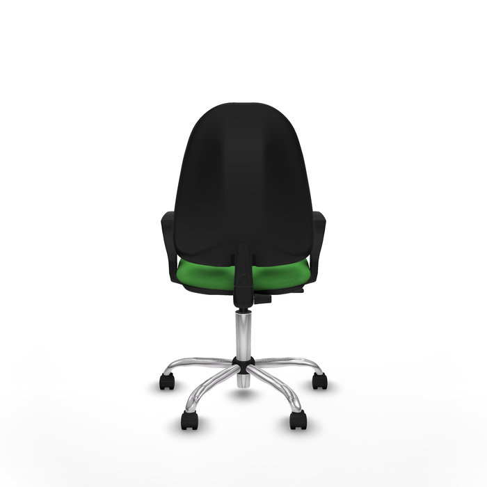 Silla de oficina Algarra con mecanismo Contacto permanente básico tapizada con Tela color Verde. Equipada con Base cromada, Brazos fijos y Ruedas de nailon 50 mm