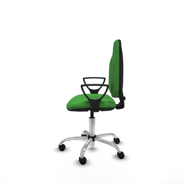 Silla de oficina Algarra con mecanismo Contacto permanente básico tapizada con Tela color Verde. Equipada con Base cromada, Brazos fijos y Ruedas de nailon 50 mm