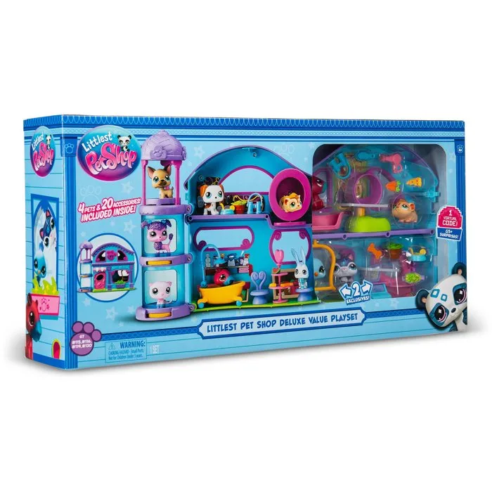 Littlest Pet Shop - Set de Juego con 4 Figuras y más de 20 Accesorios, Incluye Deluxe Pet Shop House - LIT3701405826093