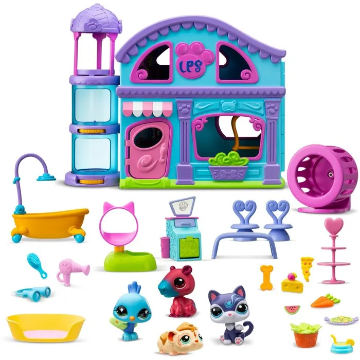 Littlest Pet Shop - Set de Juego con 4 Figuras y más de 20 Accesorios, Incluye Deluxe Pet Shop House - LIT3701405826093