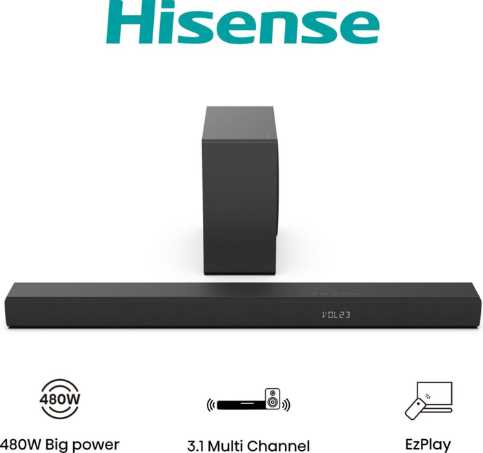 Hisense HS3100 Barra de Sonido 3.1 Canales 480W Negro con Subwoofer Inalambrico