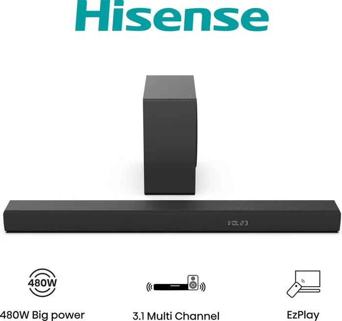Hisense HS3100 Barra de Sonido 3.1 Canales 480W con Subwoofer Inalámbrico - Negro - Bluetooth 5.3, HDMI ARC, Dolby Digital, DTS Virtual:X, Modos EQ (Juego, Película)
