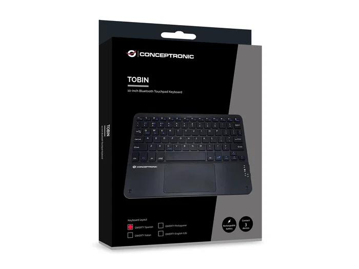 Conceptronic TOBIN01BES Teclado Bluetooth Compacto (Tenkeyless) Touchpad QWERTY Español Negro - Teclado Mini Inalámbrico Universal Conceptronic TOBIN01BES Teclado Bluetooth Compacto (Tenkeyless) Touchpad QWERTY Español Negro - Teclado Mini Inalámbrico Universal