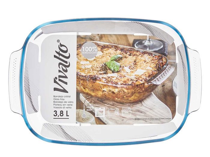 VIVALTO Bandeja Rectangular de Borosilicato con Asas de 3,8L (Pack de 6)