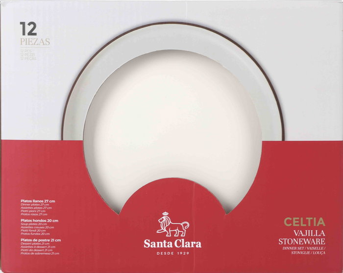 Santa Clara Vajilla Celtia 12 Piezas, Plato 27 cm, Incluye Plato Llano, Plato Hondo y Plato Postre, porcelana (2 Unidades)