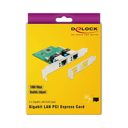 DeLOCK 89999 Tarjeta de Red Gigabit LAN PCI Express x1 Interna, 2 Puertos RJ45, RTL8111H, 10/100/1000 Mbit/s, Verde, para Windows/Mac/Linux