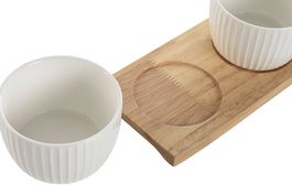 DKD Home Decor Set de Aperitivo de Porcelana y Bambú Blanco, 3 piezas
