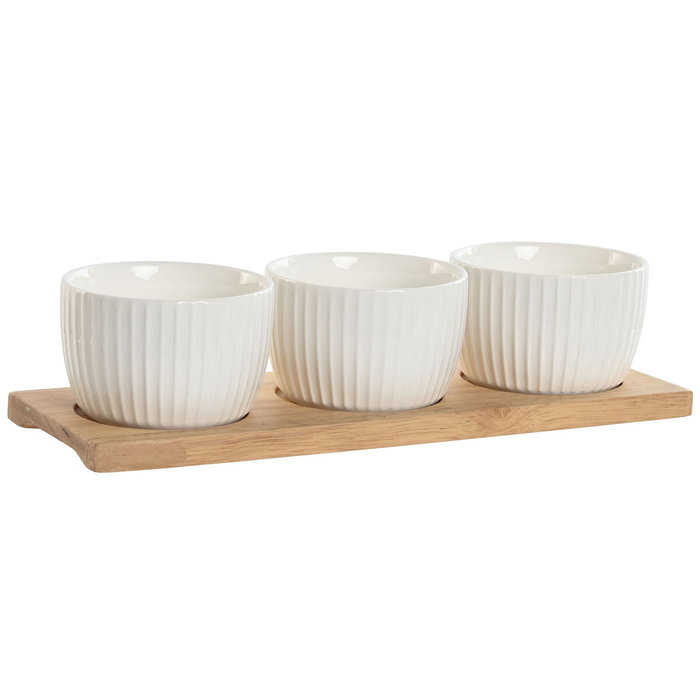 DKD Home Decor Set de Aperitivo de Porcelana y Bambú Blanco, 3 piezas