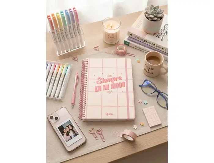 Liderpapel Fantasy E Agenda Escolar 2026-2027 Espiral Graphic Día Página A6 Bilingüe con Papel FSC 80g y Gomilla - Color Rosa