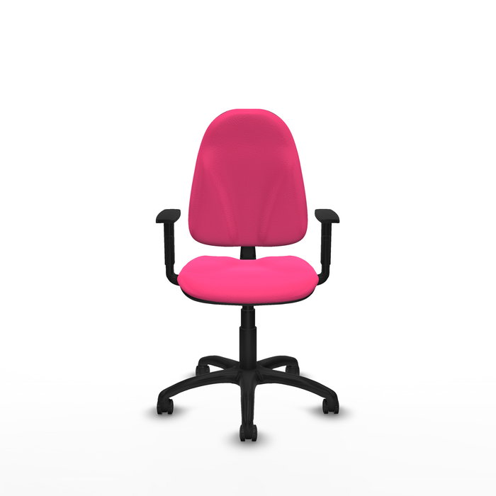Silla de oficina Algarra con mecanismo Contacto permanente básico tapizada con Similpiel color Rosa. Equipada con Base poliamida negra, Brazos 1D y Ruedas de parqué