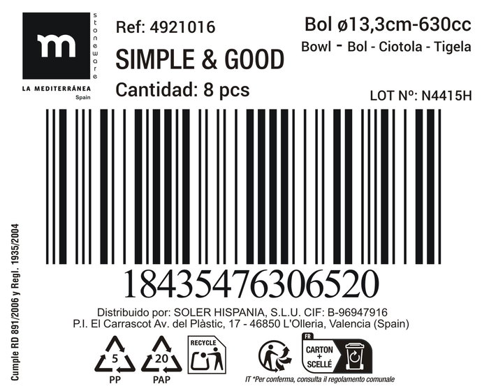Inde Bol 630cc Ø13.3cm "Simple&Good" Md (16 Unidades)