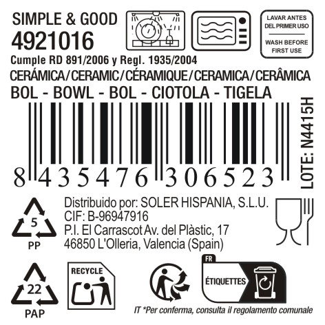 Inde Bol 630cc Ø13.3cm "Simple&Good" Md (16 Unidades)