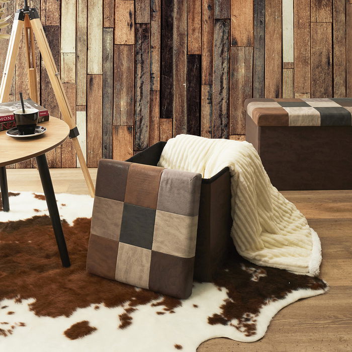 Home Deco Factory Caja-Puf Plegable Patchwork Poliéster Colección Industriel