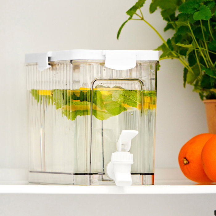 Day Dispensador Bebida 3,2 L - Grifo Integrado, Tapa Segura, para Agua, Zumo o Infusiones, Transparente y Blanco