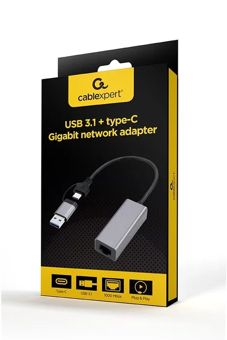 Gembird A-USB3AC-LAN-01 Adaptador de red USB 3.1 y Tipo C Gigabit, gris espacial
