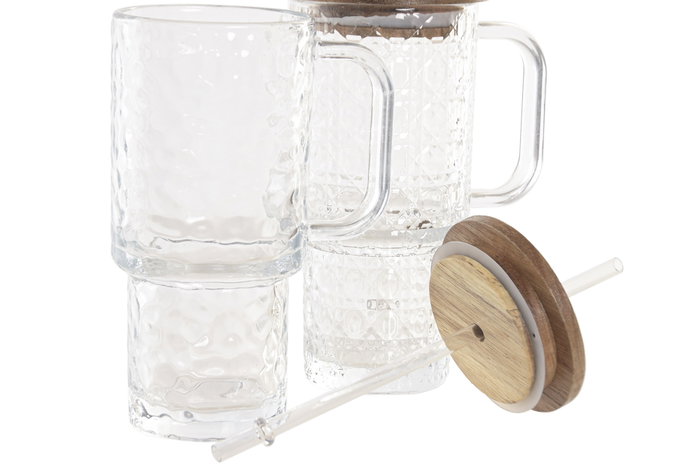 DKD Home Decor Set de 2 Tazas de Cristal Acacia Relieve Transparente 430ml